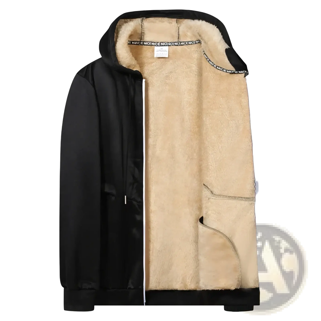 Men’s black sherpa lined winter zip hoodie with plush beige fleece lining and white zipper accents