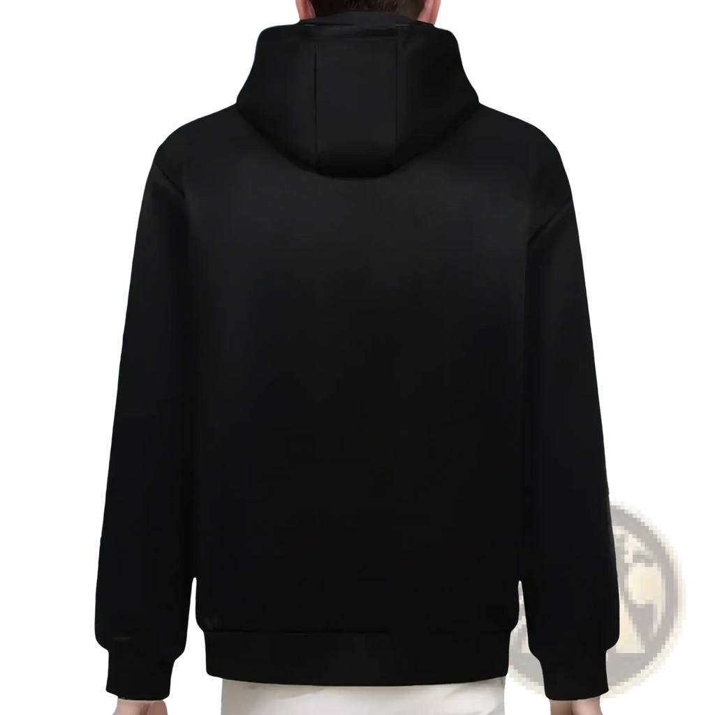 Men’s black sherpa lined winter zip hoodie made of smooth solid fabric with a simple hooded sweatshirt design