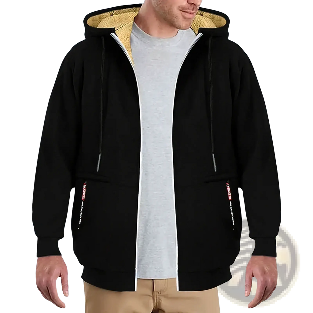 Men’s black zip-up winter hoodie with plush golden-brown sherpa lining and contrasting white zipper trim