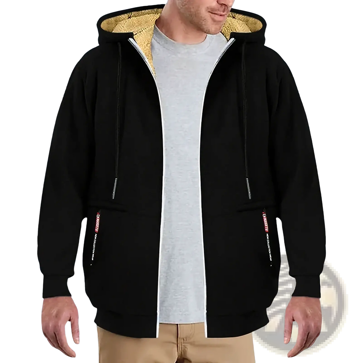 Men’s black zip-up winter hoodie with plush golden-brown sherpa lining and contrasting white zipper trim