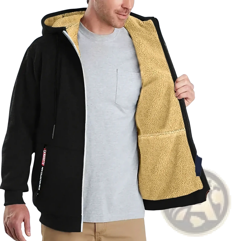 Men’s sherpa lined winter zip hoodie in black with plush golden-brown fleece interior and white zipper trim