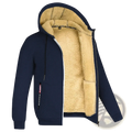 Men’s navy blue sherpa lined winter zip hoodie with plush beige lining and black drawstrings for cold weather