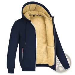 Men’s navy blue sherpa lined winter zip hoodie with plush beige lining and black drawstrings for cold weather