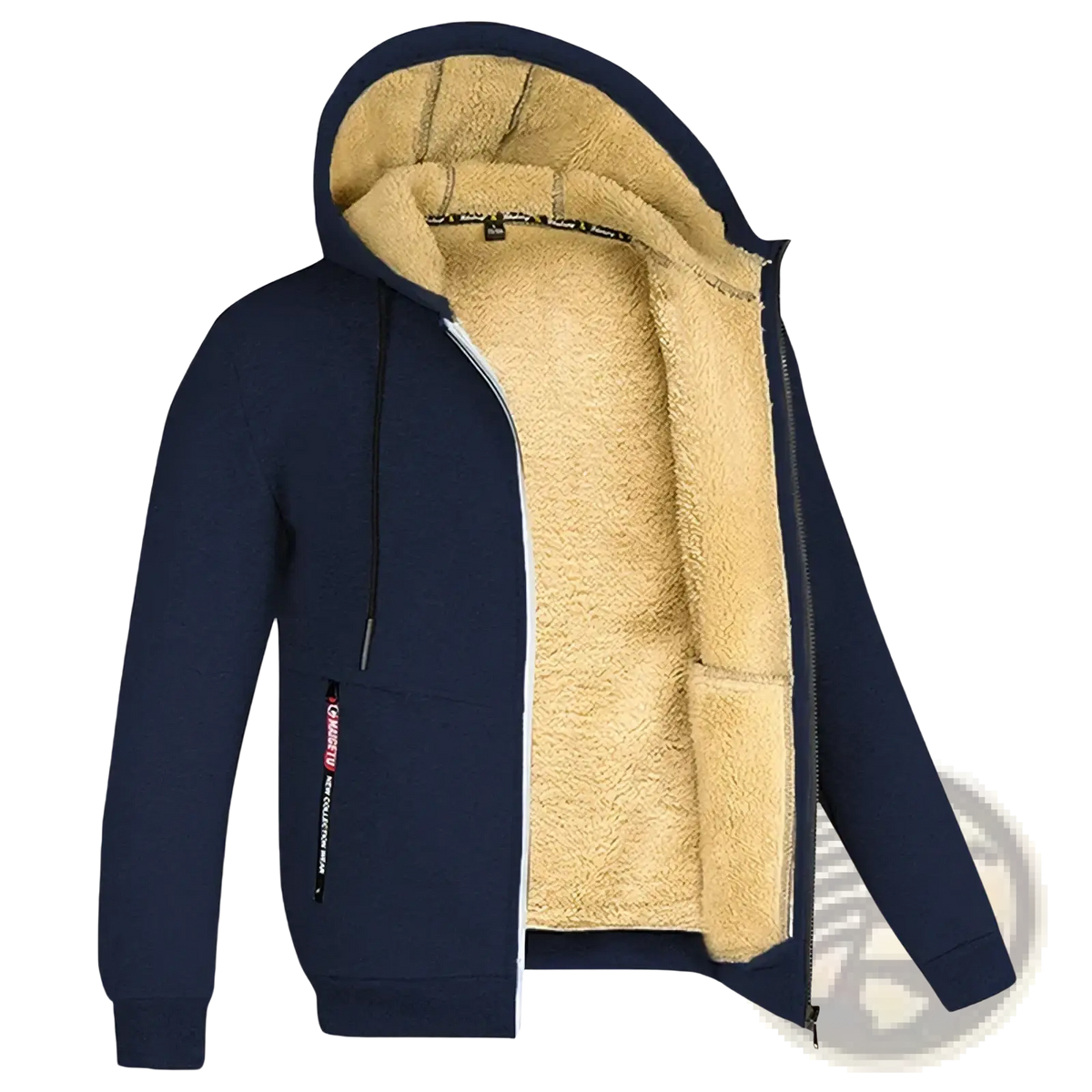 Men’s navy blue sherpa lined winter zip hoodie with plush beige lining and black drawstrings for cold weather