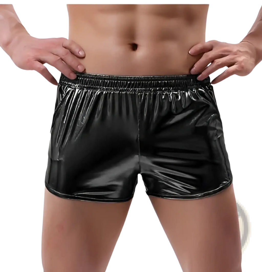Mens shiny metallic casual shorts in black patent leather with an elastic waistband for a sleek look