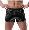 Mens shiny metallic casual shorts in black patent leather with an elastic waistband for a sleek look