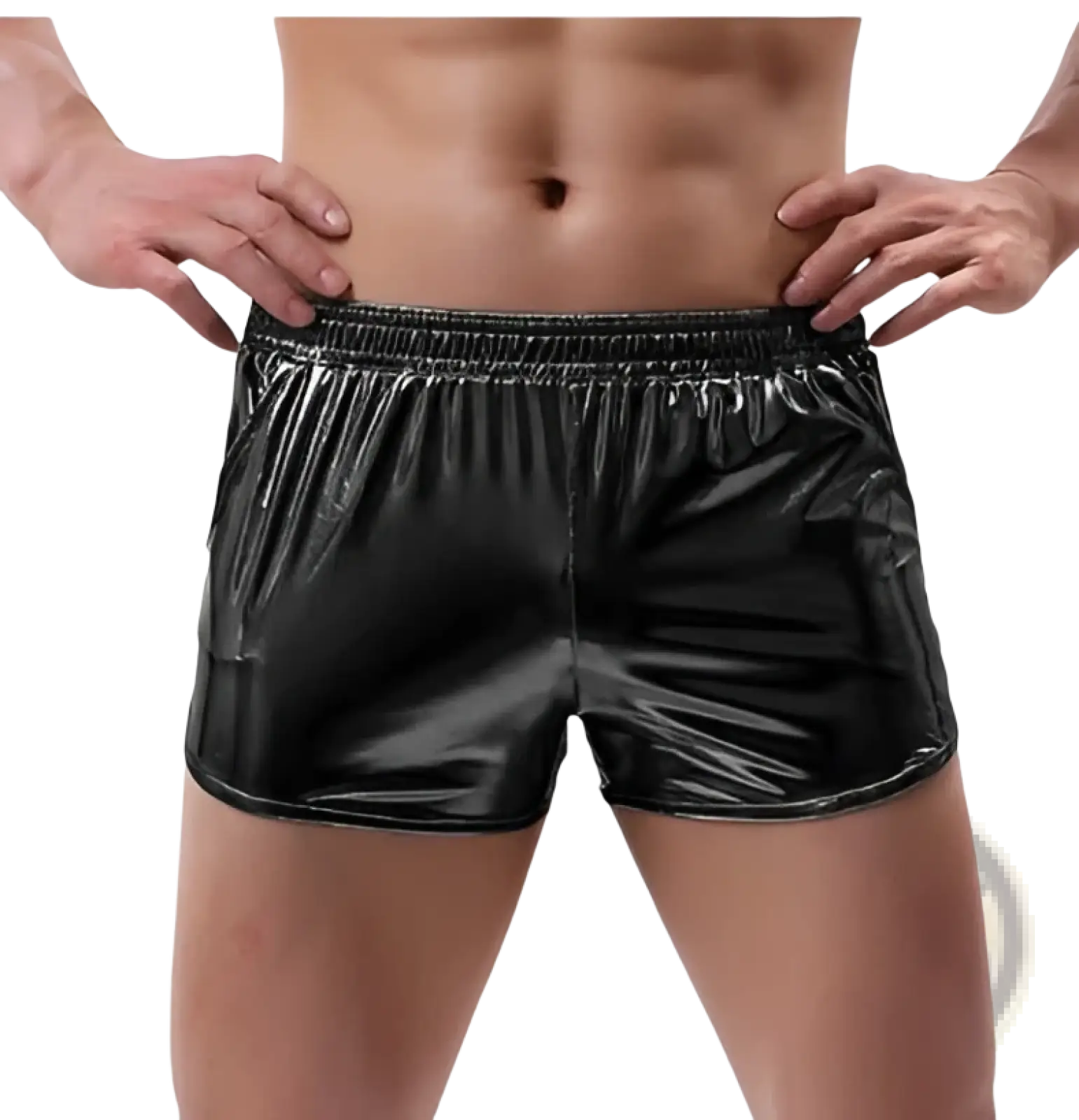 Mens shiny metallic casual shorts in black patent leather with an elastic waistband for a sleek look