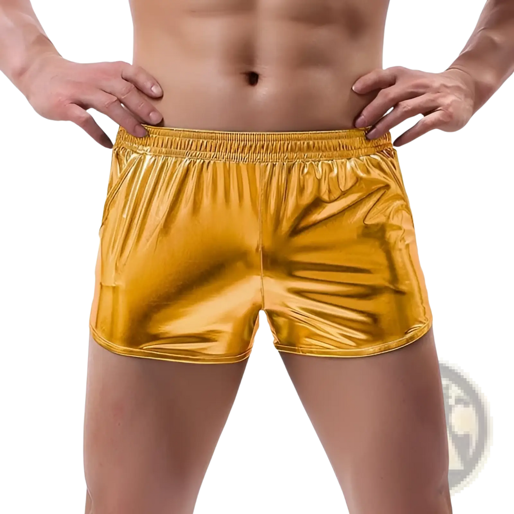 Mens shiny gold metallic casual shorts with elastic waistband made from reflective fabric for stylish wear