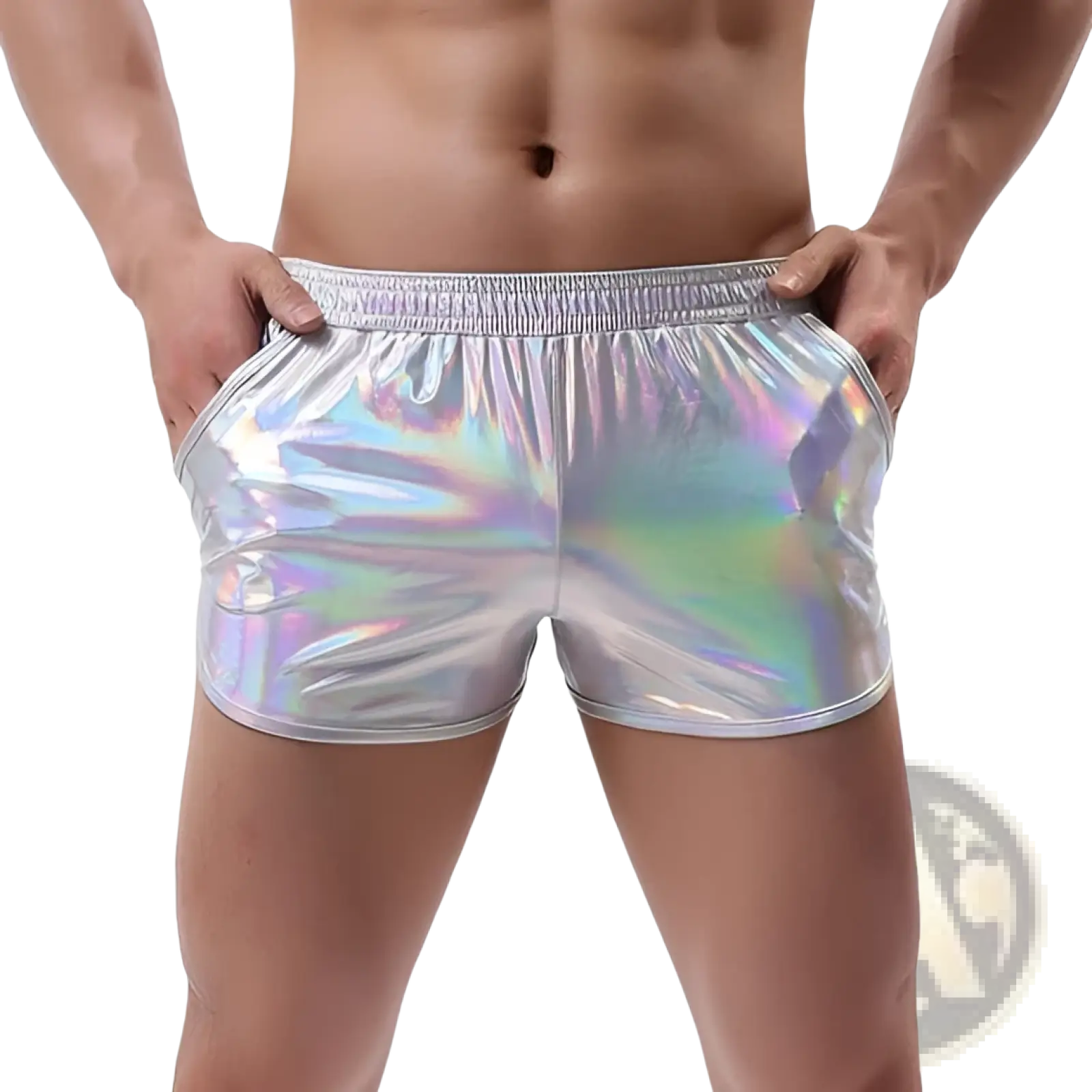Mens shiny metallic casual shorts in holographic silver with a reflective iridescent finish for stylish wear