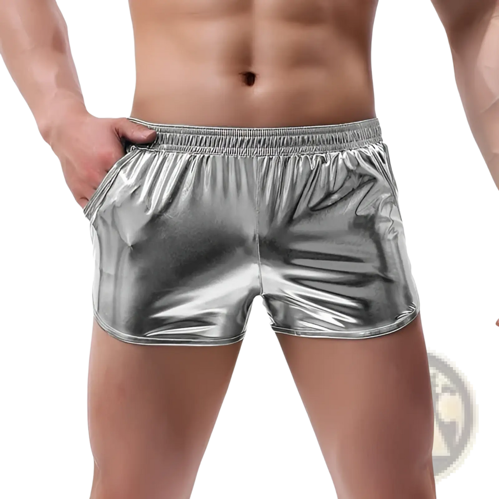 Mens shiny silver metallic casual shorts with elastic waistband made of reflective fabric for everyday wear