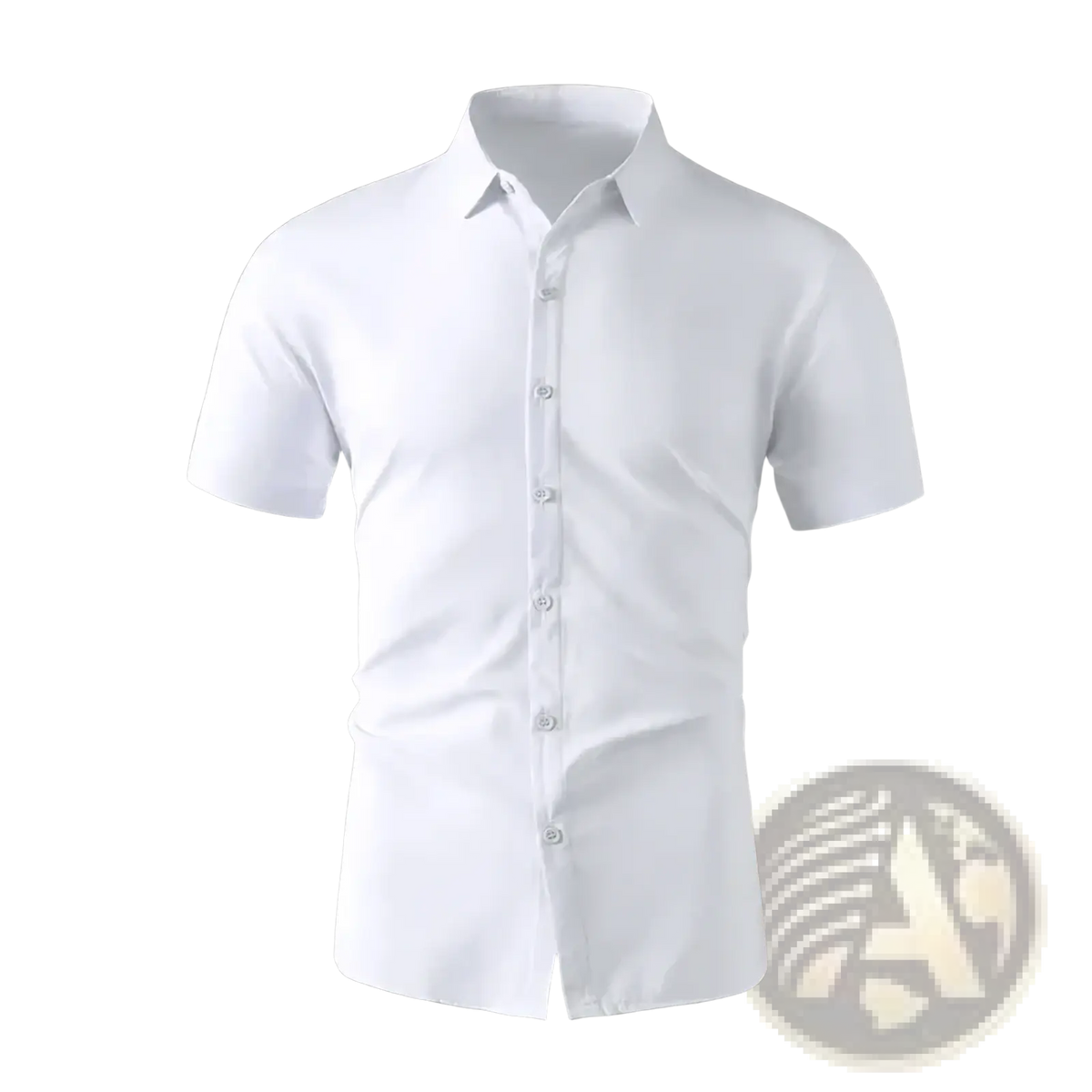 Men’s white short sleeve business casual shirt with classic collar and neatly aligned buttons