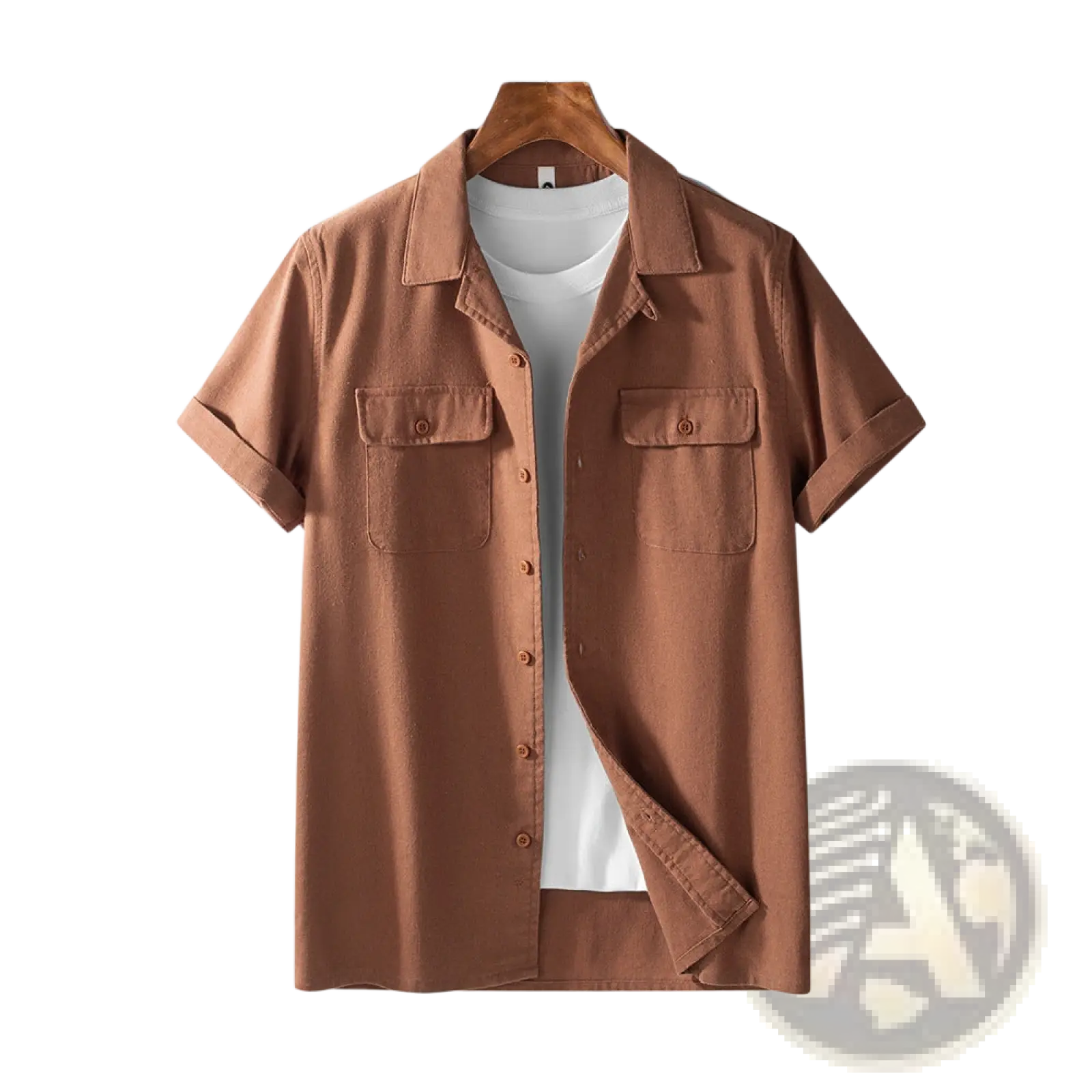 Brown men’s short sleeve cotton hemp workwear shirt with collar and two chest pockets hanging on wooden hanger