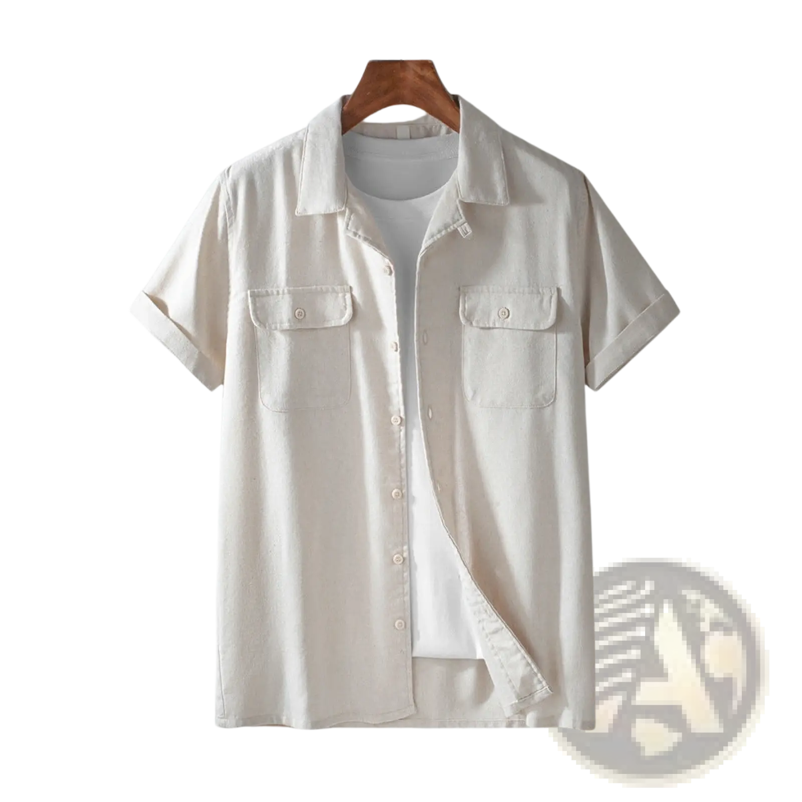 Beige men’s short sleeve cotton hemp workwear shirt with collar and two chest pockets hanging on wooden hanger