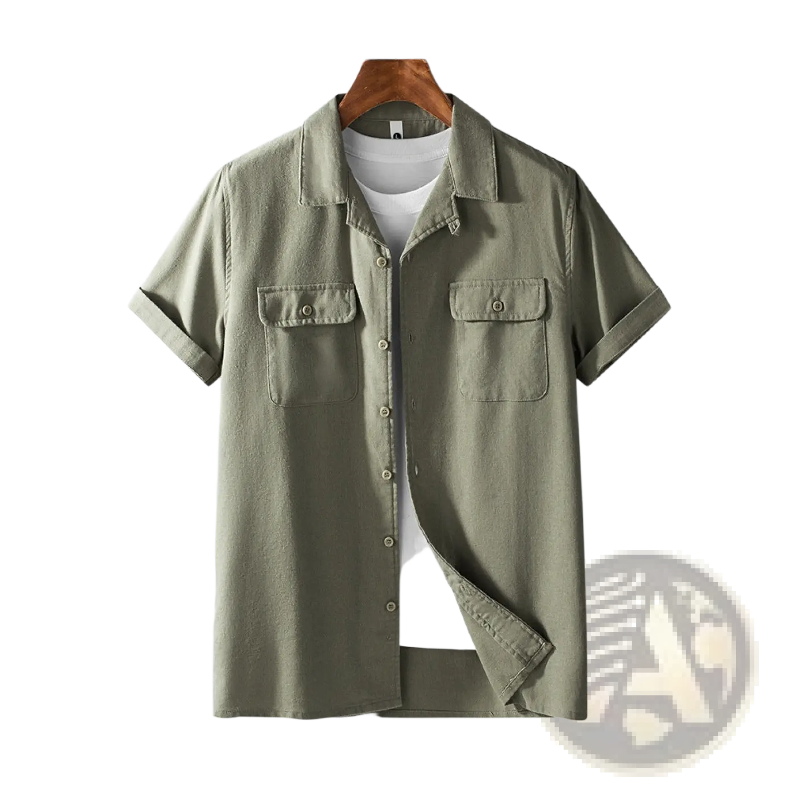 Men’s olive green short sleeve cotton hemp workwear shirt with button-up front, two chest pockets, and rolled cuffs