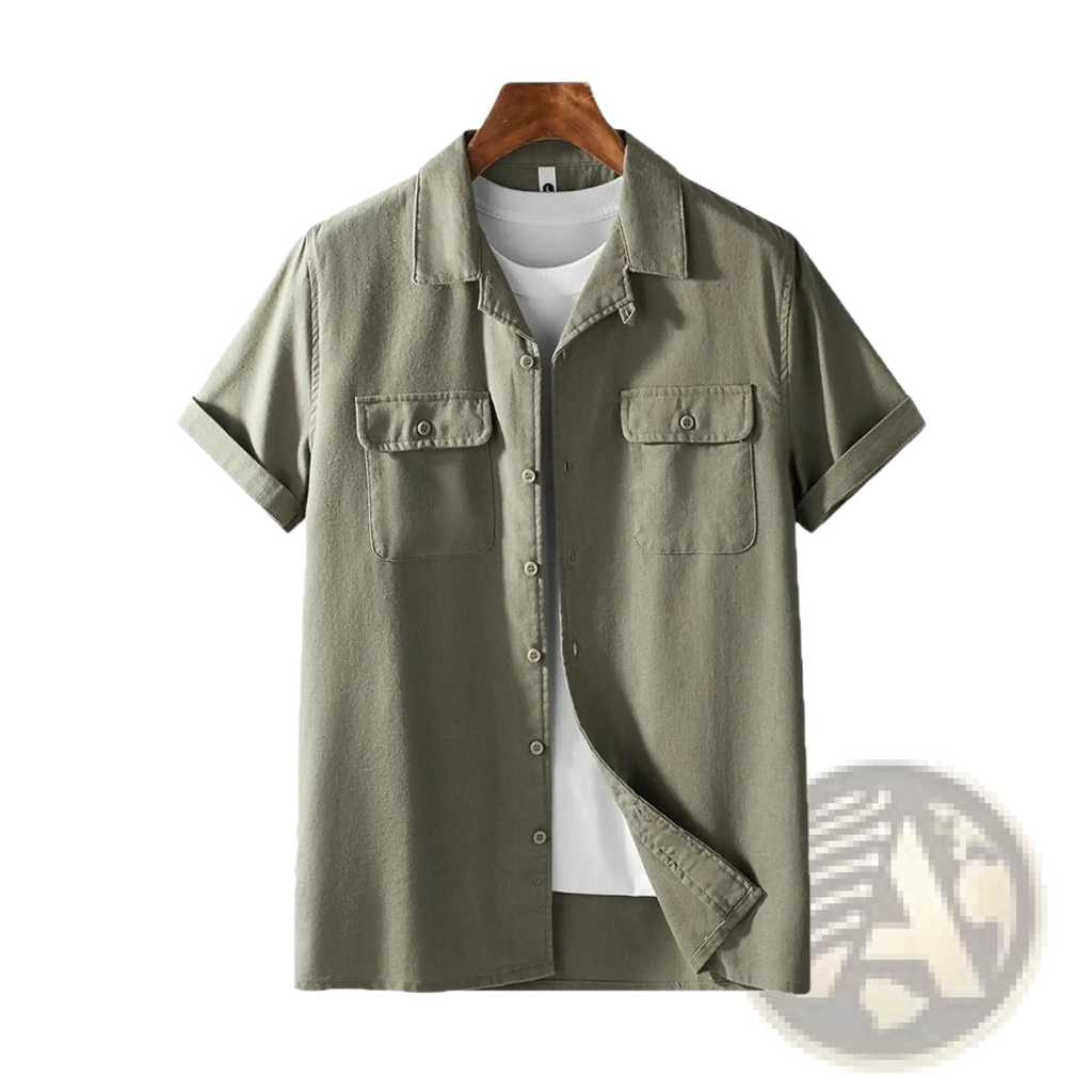 Men’s olive green short sleeve cotton hemp workwear shirt with button-up front, two chest pockets, and rolled cuffs