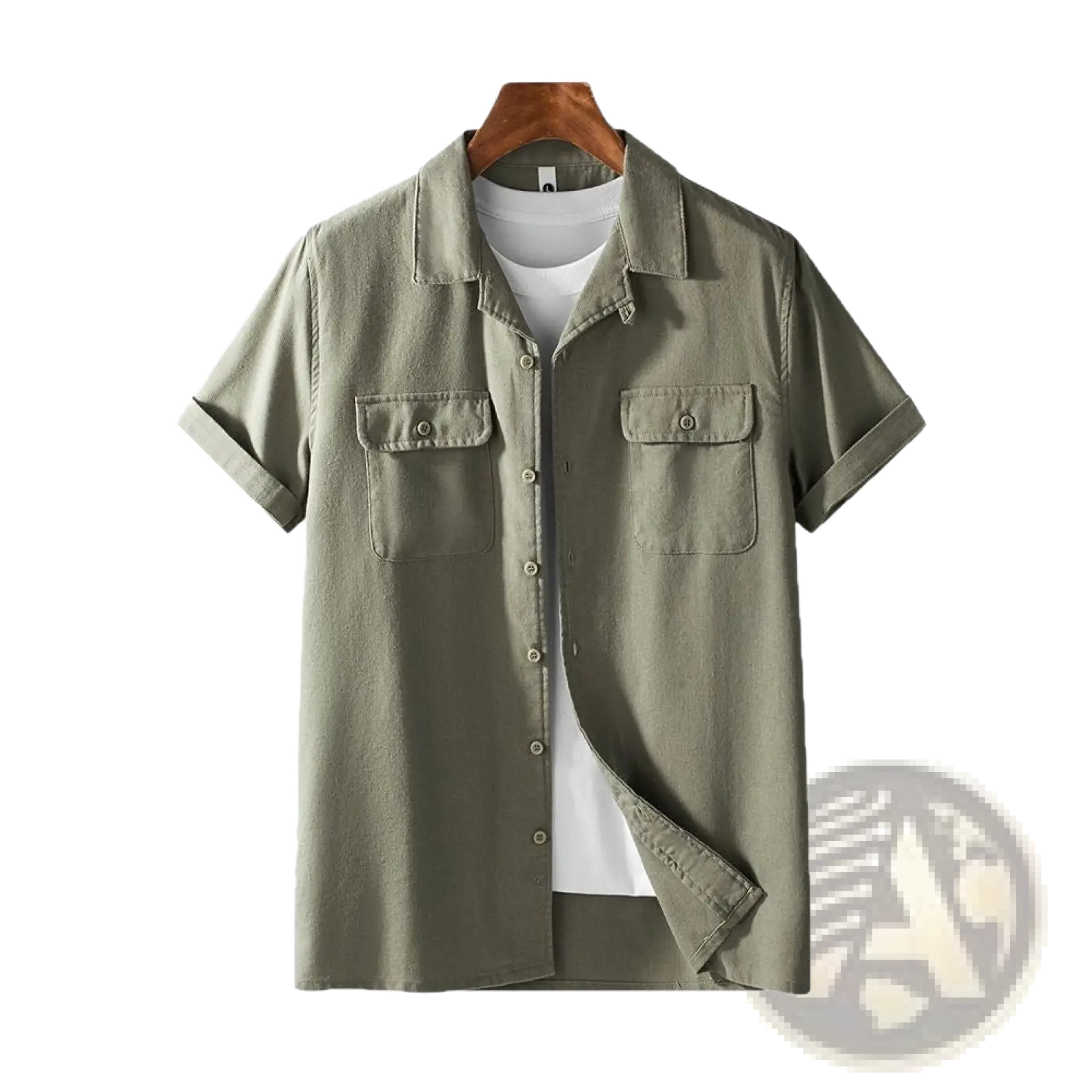 Men’s olive green short sleeve cotton hemp workwear shirt with button-up front, two chest pockets, and rolled cuffs