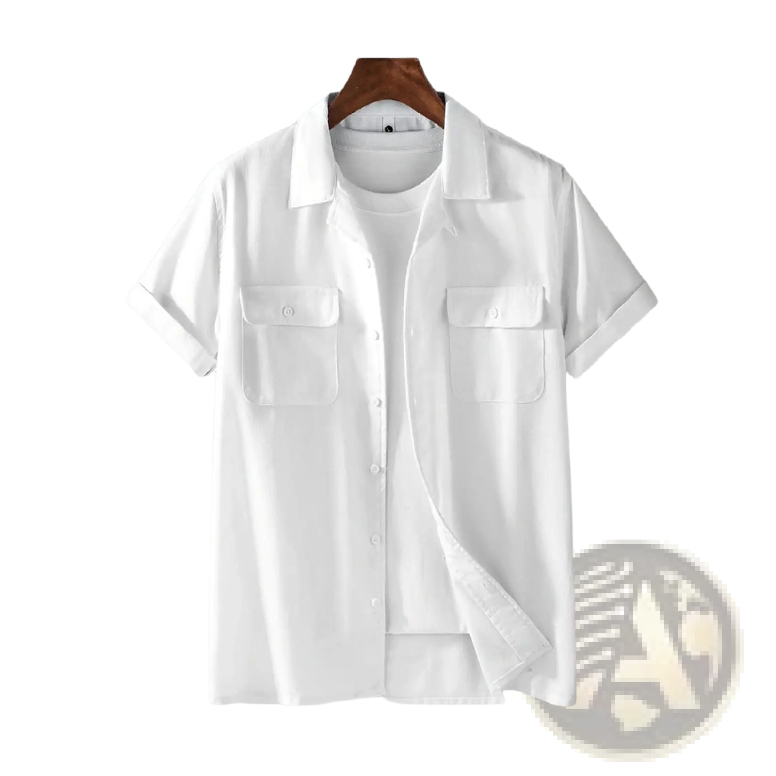 Men’s white short sleeve cotton hemp workwear shirt with collar and two chest pockets hanging on wooden hanger