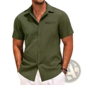 Men’s olive green short sleeve polo button shirt with collar and chest pocket for casual and semi-formal wear