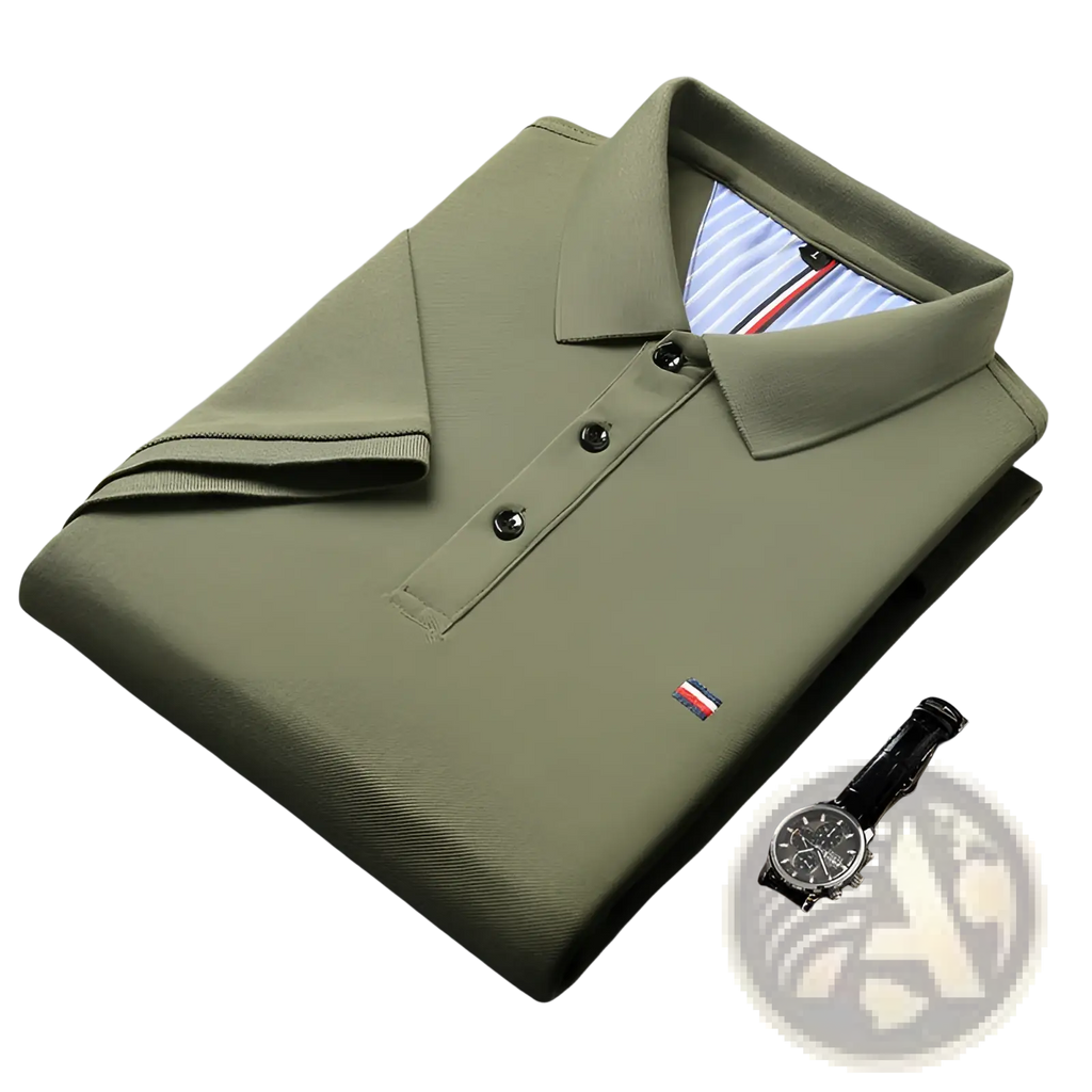 Men’s short sleeve olive green polo shirt with textured knit fabric three black buttons and red white blue flag logo