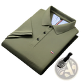 Men’s short sleeve olive green polo shirt with textured knit fabric three black buttons and red white blue flag logo