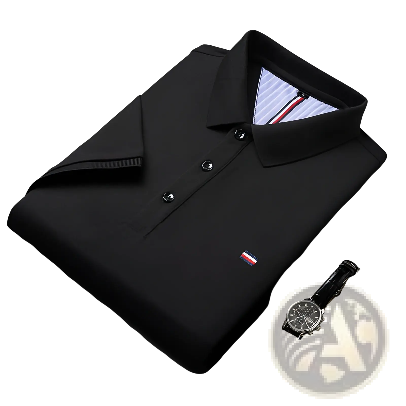Men’s short sleeve black polo shirt with subtle textured weave silver buttons and small embroidered flag logo for summer