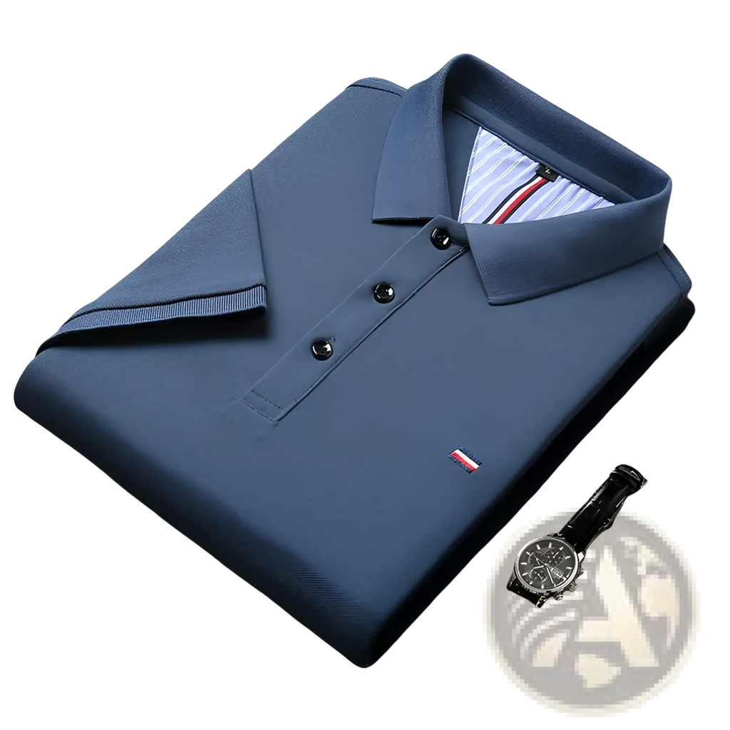 Men’s short sleeve blue Tommy Hilfiger polo shirt with textured knit fabric black buttons and red white blue logo on chest