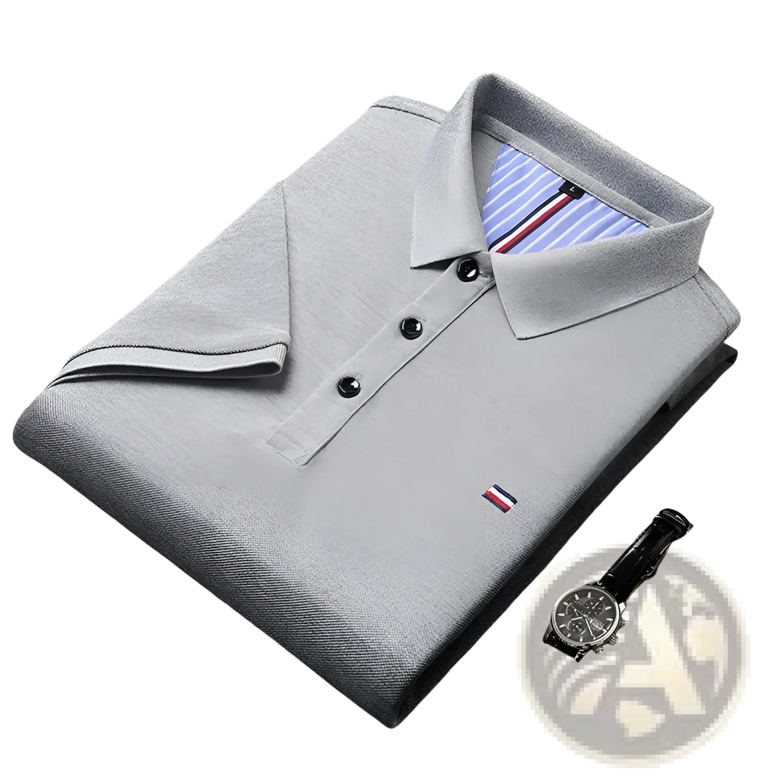 Men’s short sleeve polo shirt in gray textured fabric with black buttons and a striped inner collar for casual summer wear