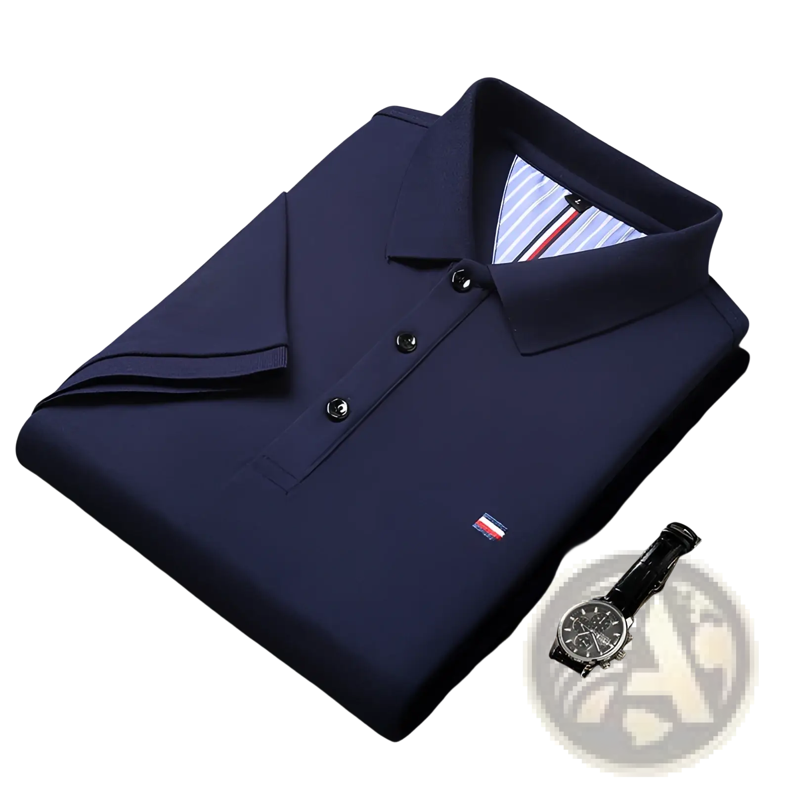 Men’s navy blue short sleeve polo shirt with striped inner collar and small flag logo casual summer top