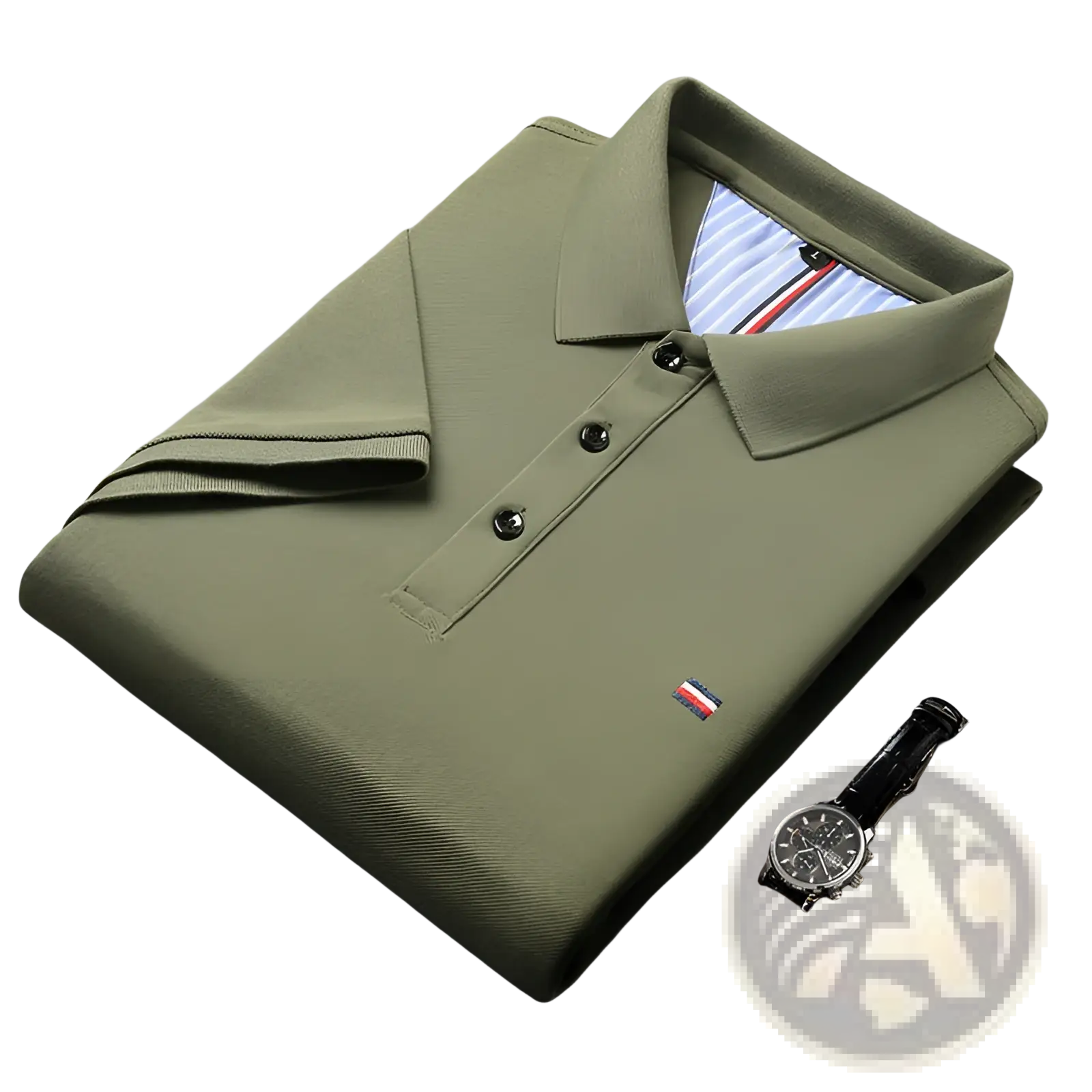 Men’s short sleeve polo shirt in olive green textured knit fabric with three black buttons and a red white blue flag logo