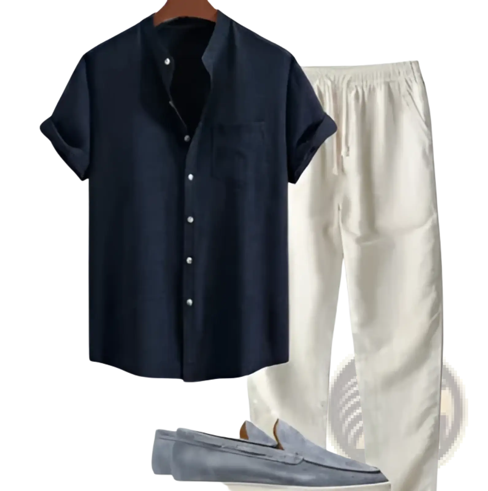 Navy blue short sleeve shirt and pants set with chest pocket and rolled cuffs displayed on wooden hanger