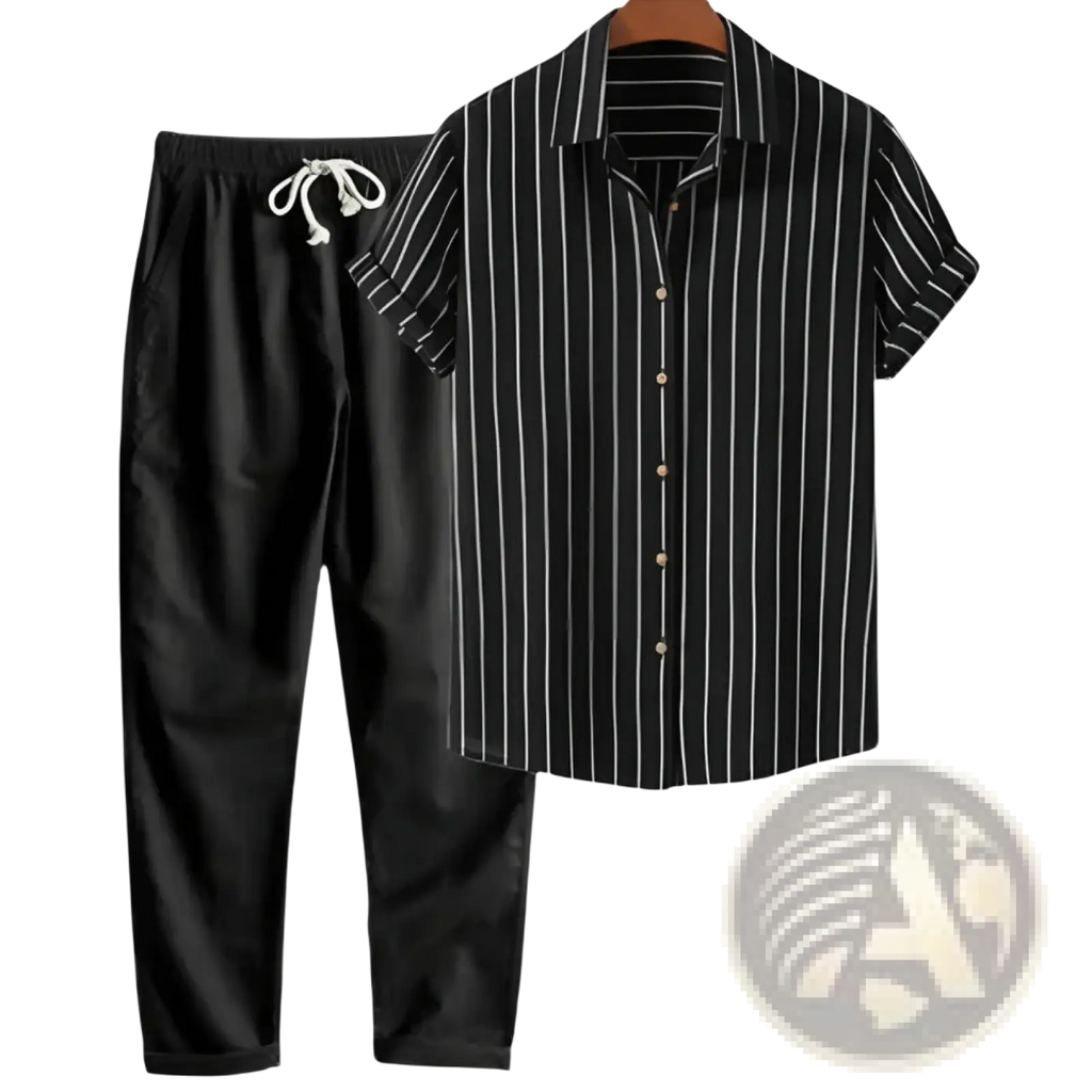 Mens short sleeve shirt with black and white vertical stripes and collar displayed on a hanger as part of a pants set