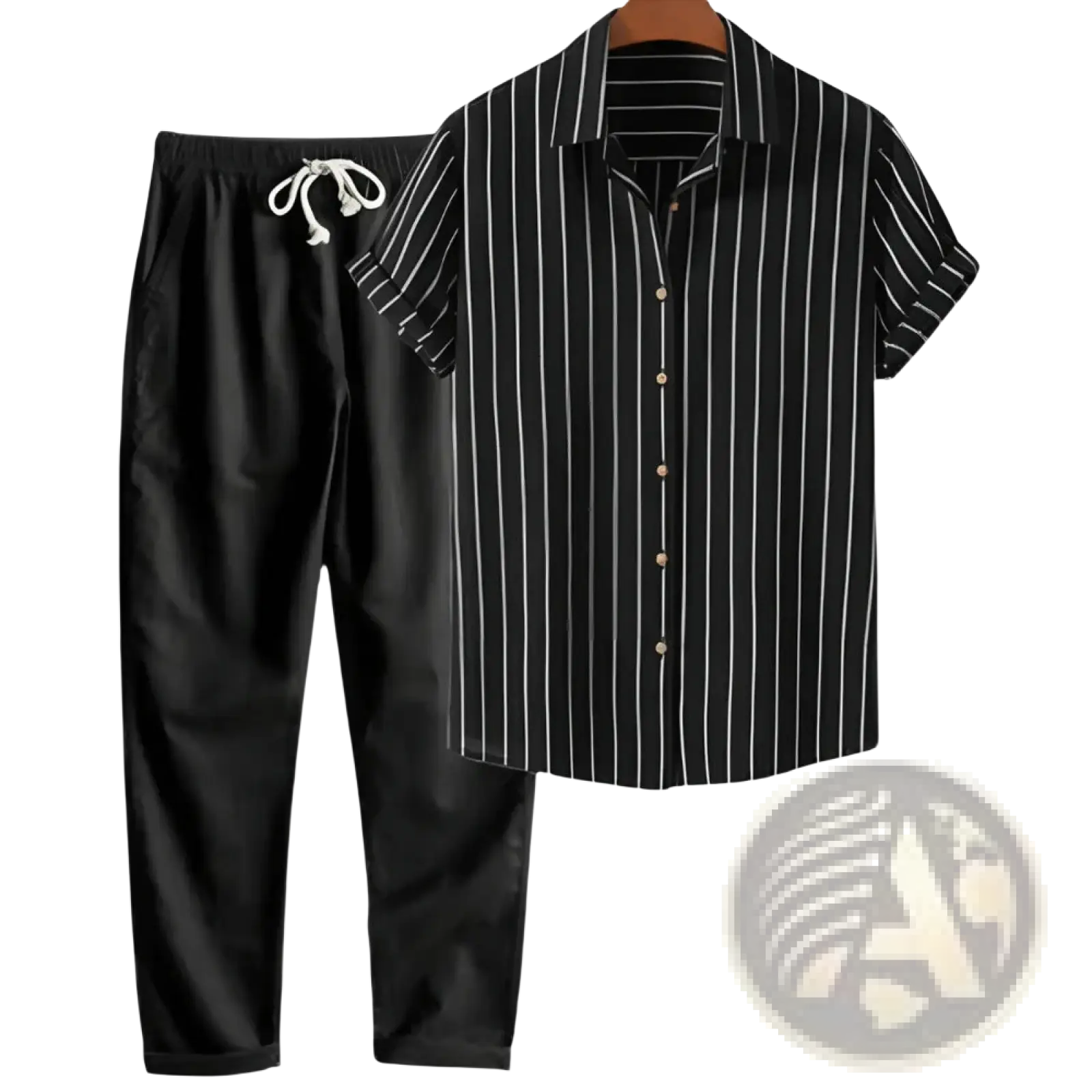 Mens short sleeve shirt with black and white vertical stripes and collar displayed on a hanger as part of a pants set