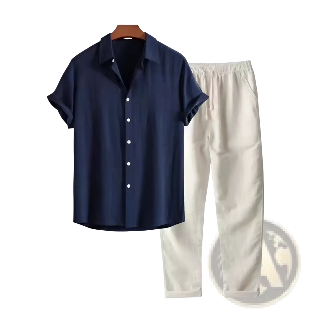 Navy blue mens short sleeve button-up shirt with white buttons and collar hanging on wooden hanger