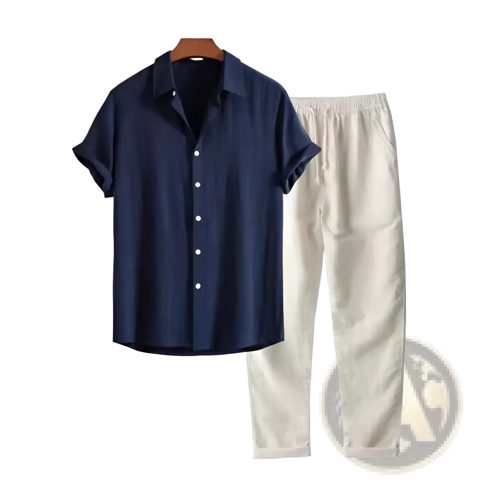 Navy blue mens short sleeve button-up shirt with white buttons and collar hanging on wooden hanger