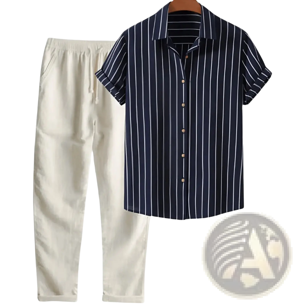 Mens short sleeve shirt and pants set featuring a navy blue and white vertically striped button-up shirt with collar