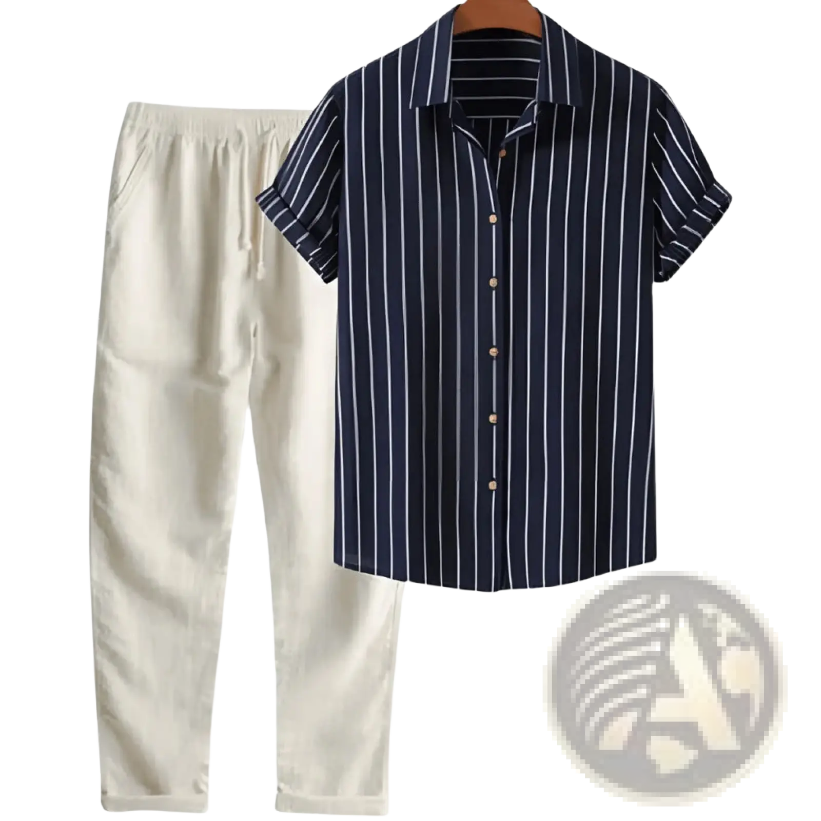 Mens short sleeve shirt and pants set featuring a navy blue and white vertically striped button-up shirt with collar