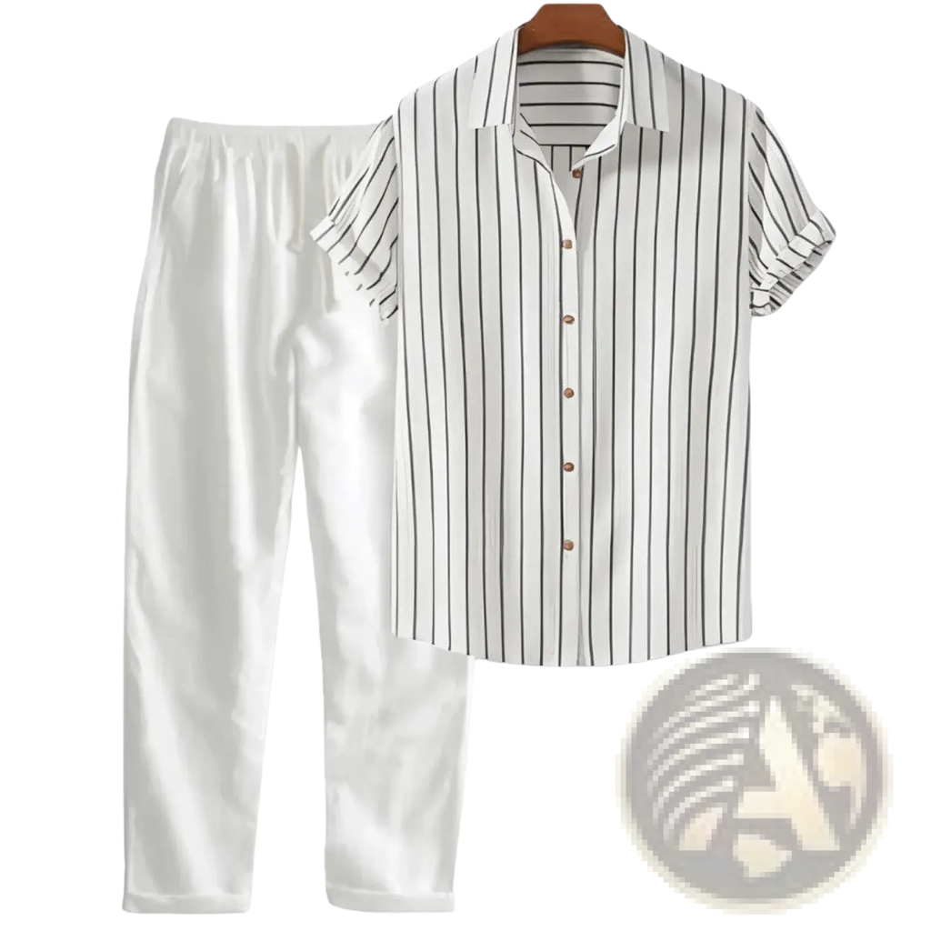 Mens short sleeve shirt and pants set featuring a white and black vertically striped button-up shirt on wooden hanger