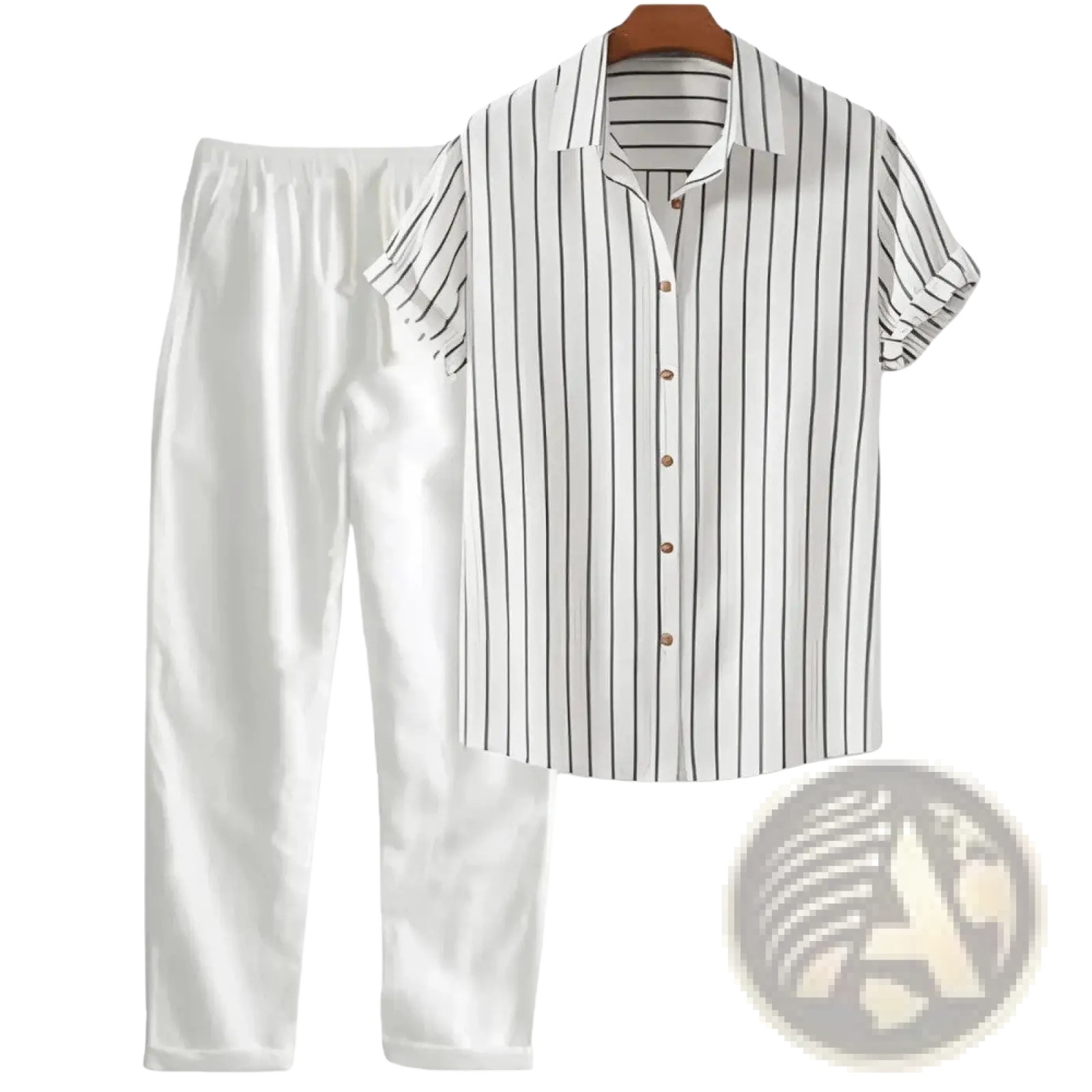 Mens short sleeve shirt and pants set featuring a white and black vertically striped button-up shirt on wooden hanger
