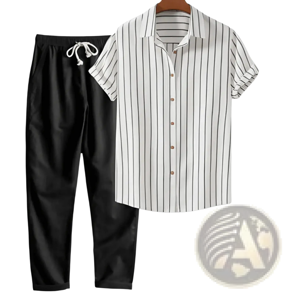 Mens short sleeve shirt and pants set featuring a white cotton short-sleeve button-up shirt with black vertical stripes and matching collar displayed on a wooden hanger