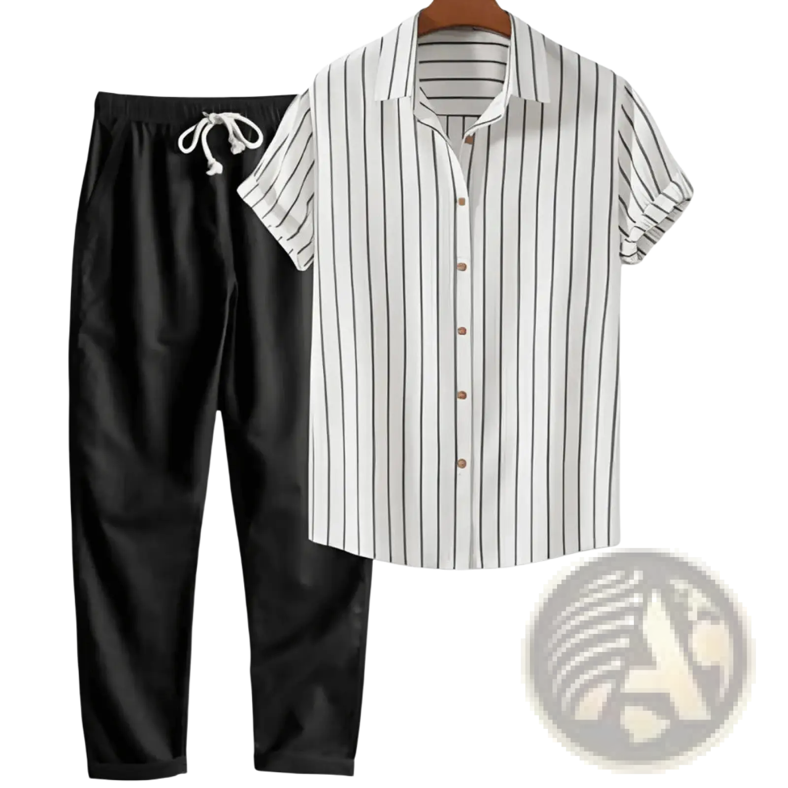 Mens short sleeve shirt and pants set featuring a white cotton short-sleeve button-up shirt with black vertical stripes and matching collar displayed on a wooden hanger