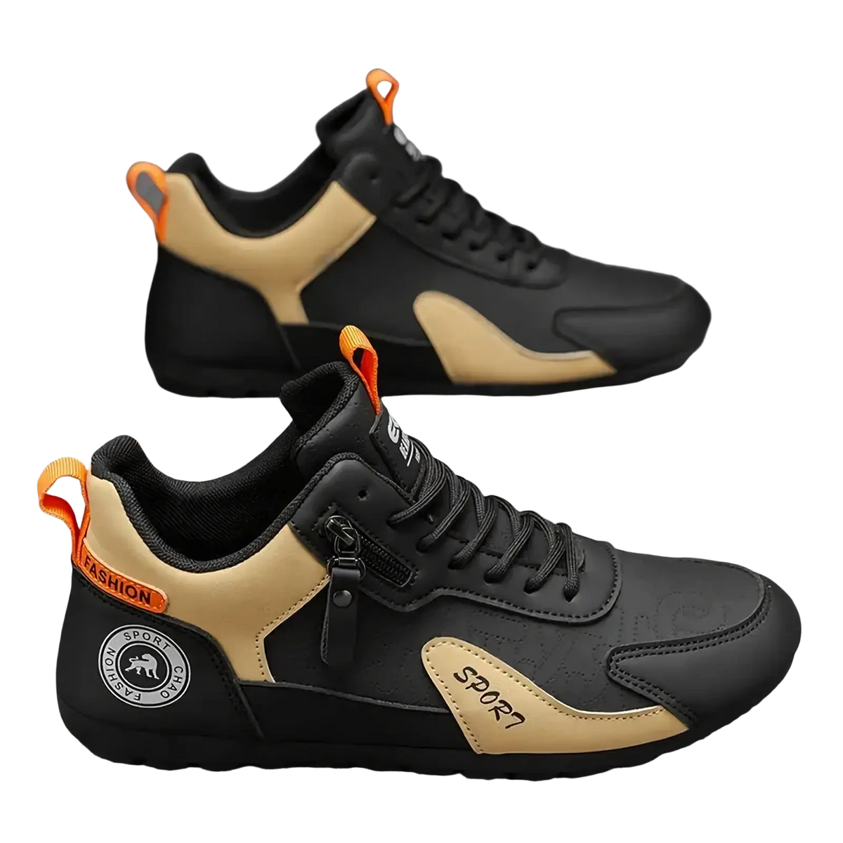 Men’s side zipper athletic running shoes in black and beige with orange accents and sport branding
