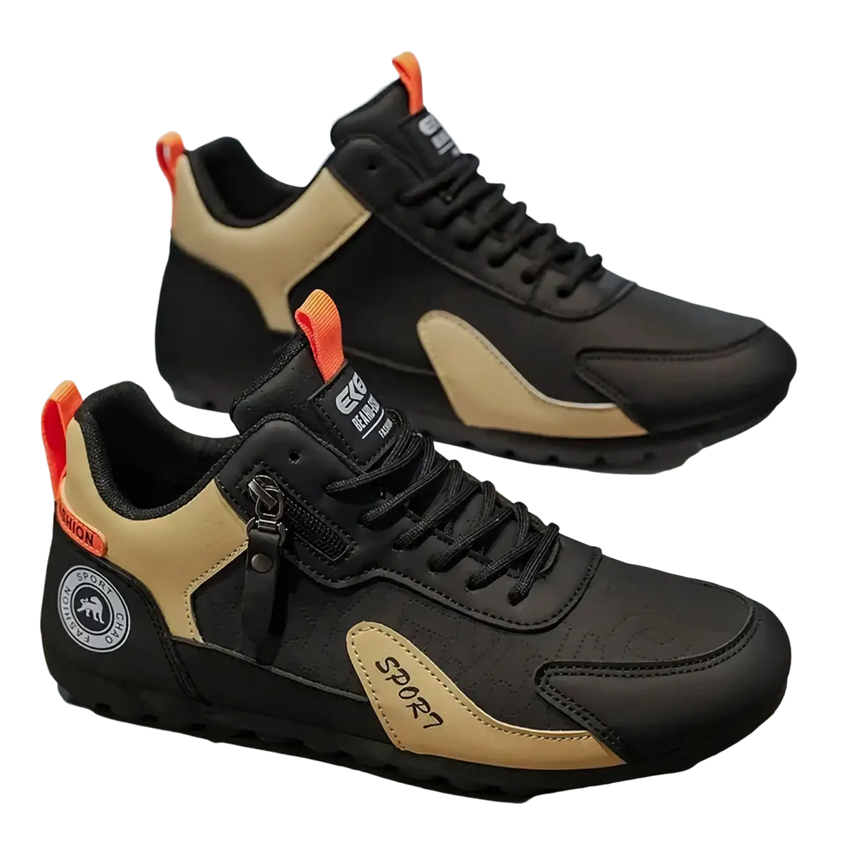 Men’s side zipper athletic running shoes in black and tan with orange pull tabs for easy wear and sporty performance