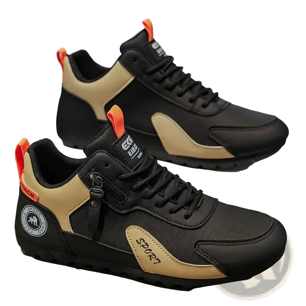 Men’s side zipper athletic running shoes in black and tan with orange pull tabs for easy wear and sporty performance