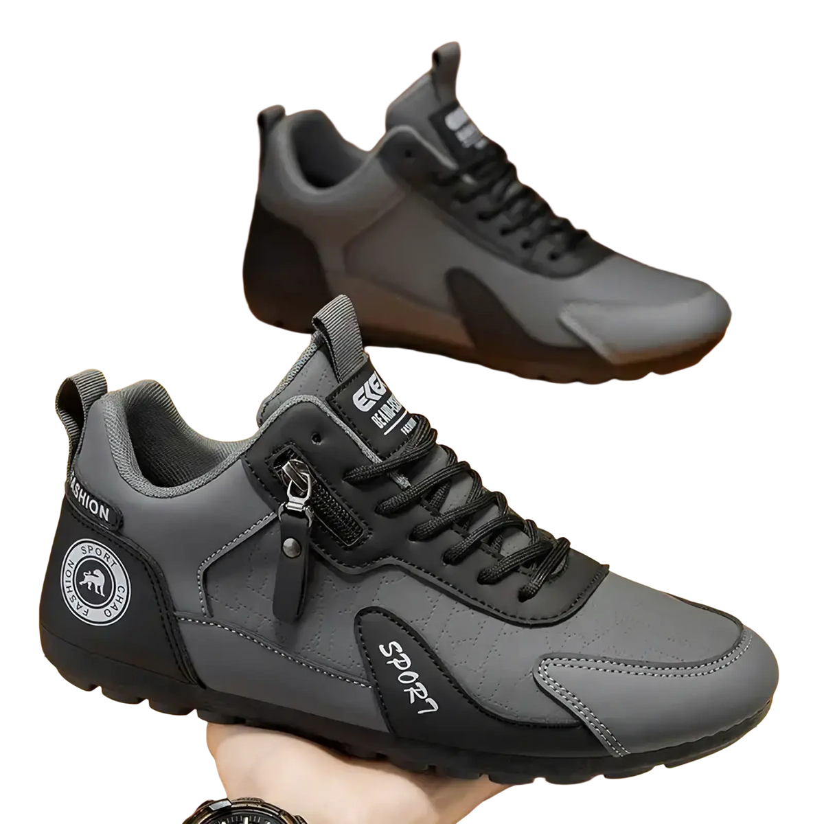 Men’s gray and black athletic running shoes with side zipper and sport branding for enhanced performance