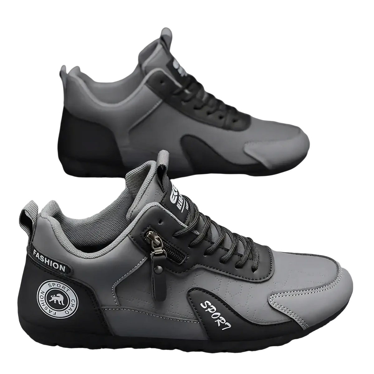 Men’s side zipper athletic running shoes in gray and black with mesh panels and synthetic leather overlays
