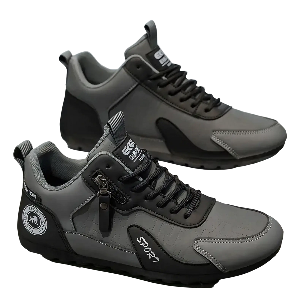 Men’s side zipper athletic running shoes in gray and black with quilted texture and sport branding on toe box