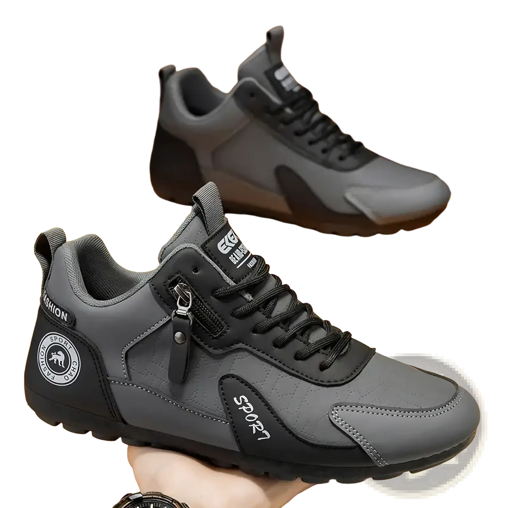 Men’s gray and black athletic running shoes with side zipper and sport branding for enhanced performance