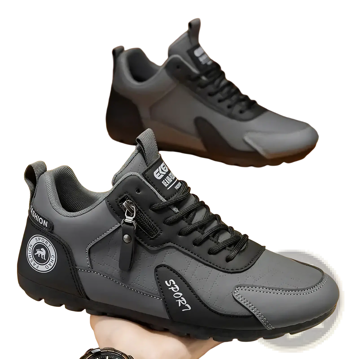 Men’s gray and black athletic running shoes with side zipper and sport branding for enhanced performance