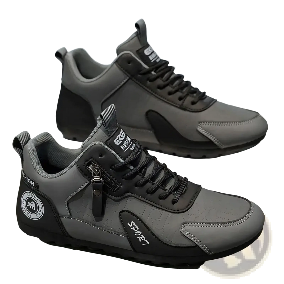 Men’s side zipper athletic running shoes in gray and black with quilted texture and sport branding on toe box
