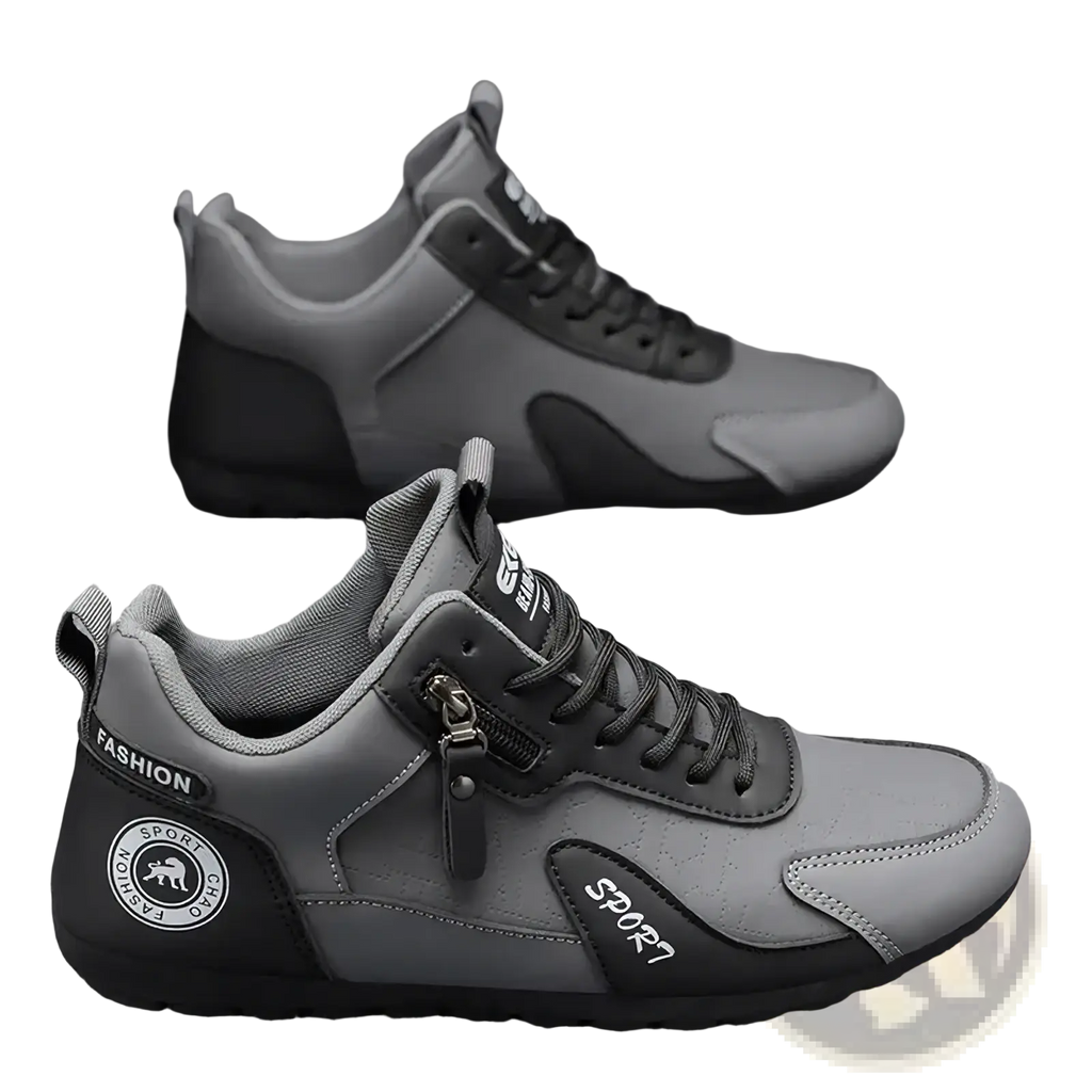 Men’s side zipper athletic running shoes in gray and black with mesh panels and synthetic leather overlays